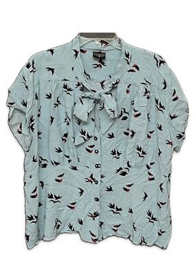 Rock Steady retro short sleeve button tie neck blue swallow bird print 3X pinup